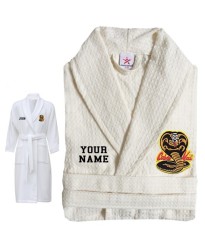 A Karate Gown with Custom TEXT Embroidery on WAFFLE bathrobe